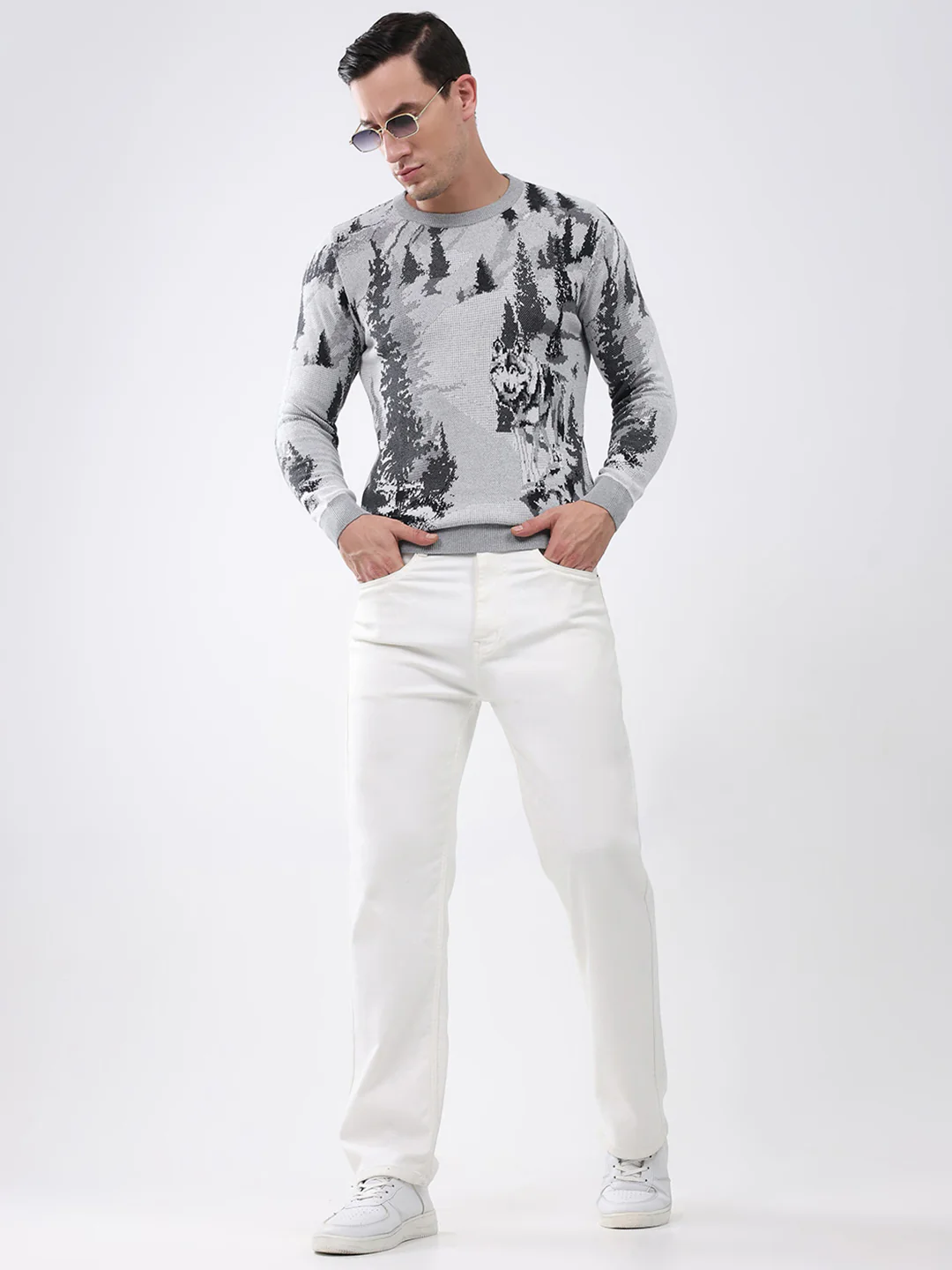 Men Grey Printed Round Neck Full Sleeve Pullover - Image 2