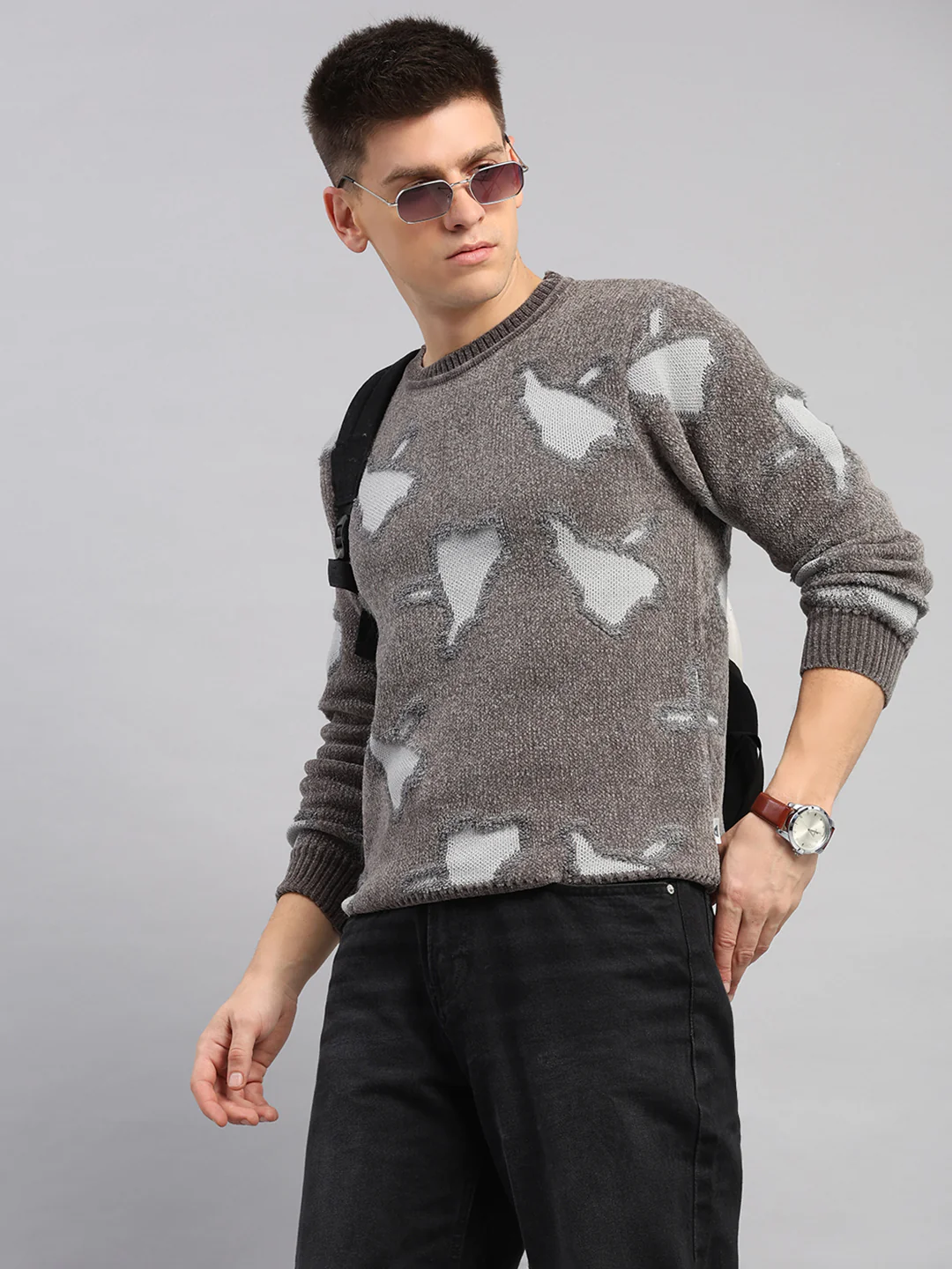 Men Grey Printed Round Neck Full Sleeve Pullover - Image 6