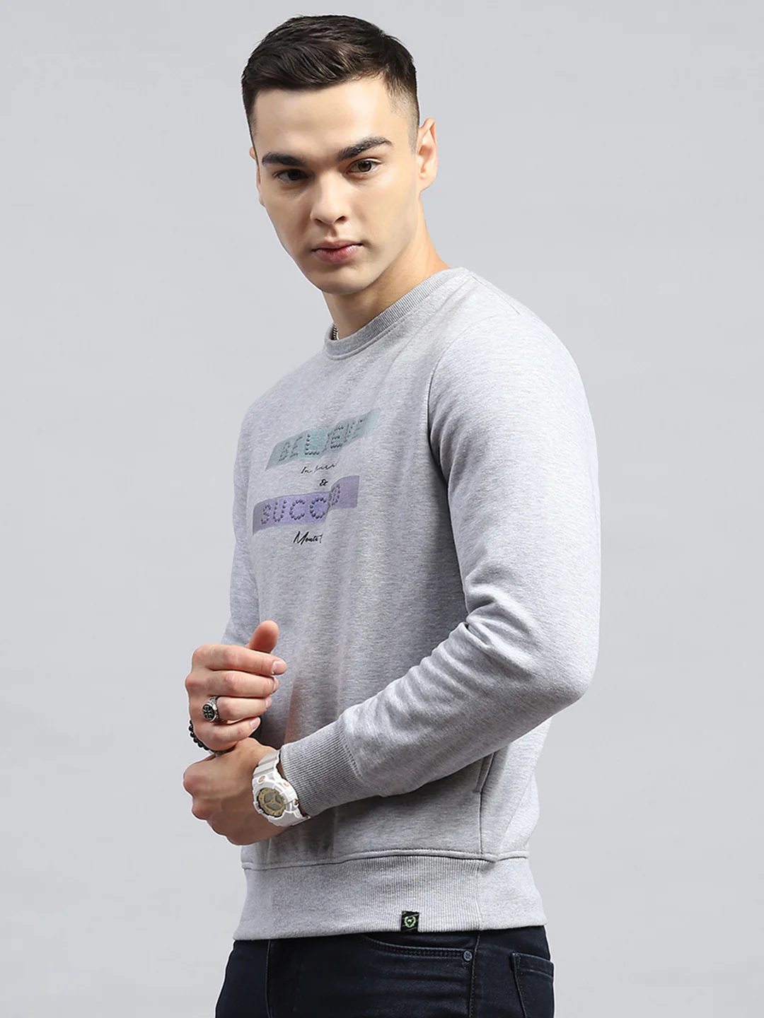 Men Grey Printed Round Neck Full Sleeve Sweatshirt - Image 3