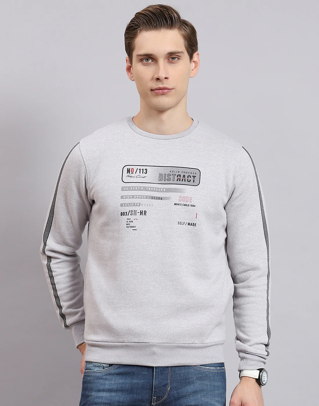 Men Grey Printed Round Neck Full Sleeve Sweatshirt - Image 2