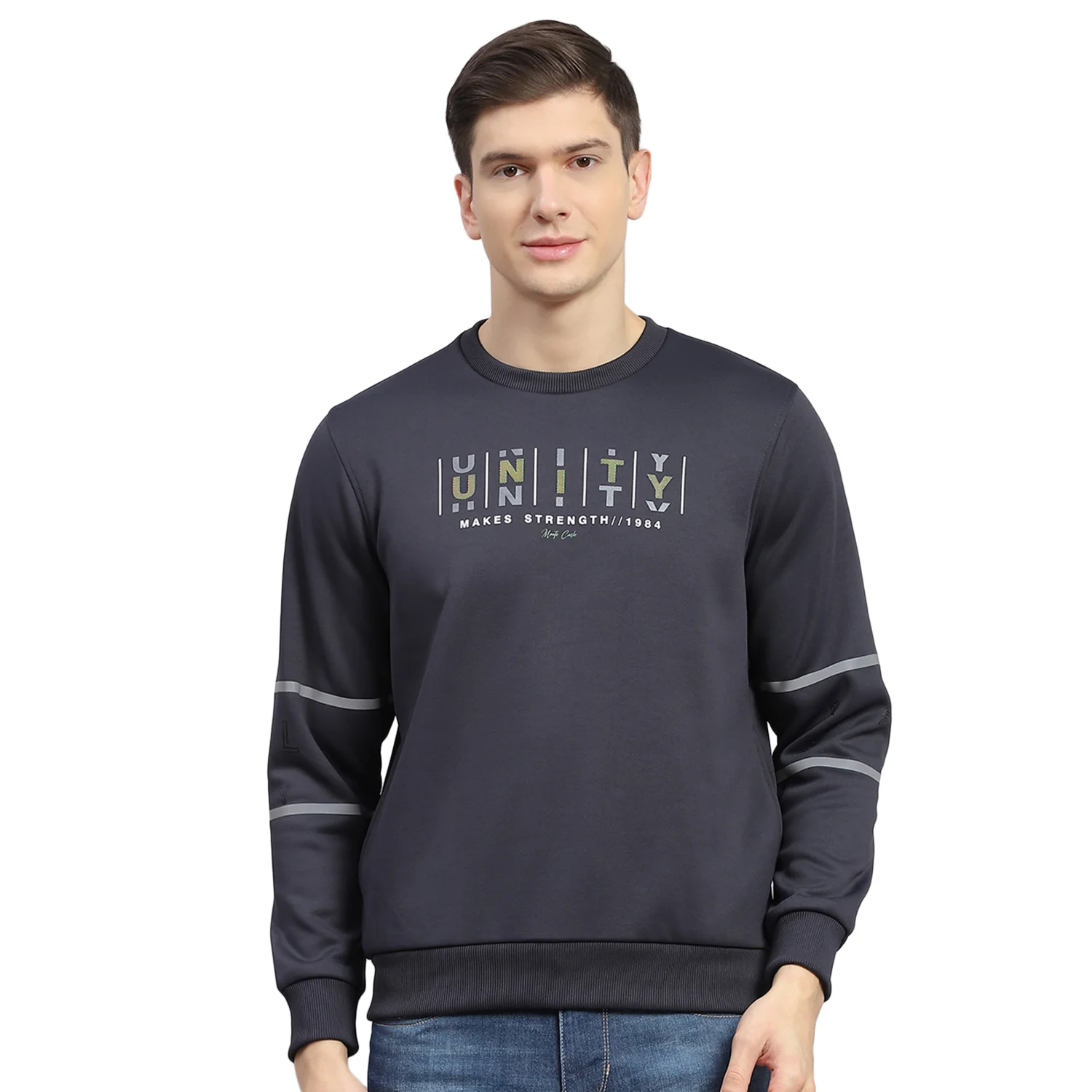 Men Grey Printed Round Neck Full Sleeve Sweatshirt - Image 5