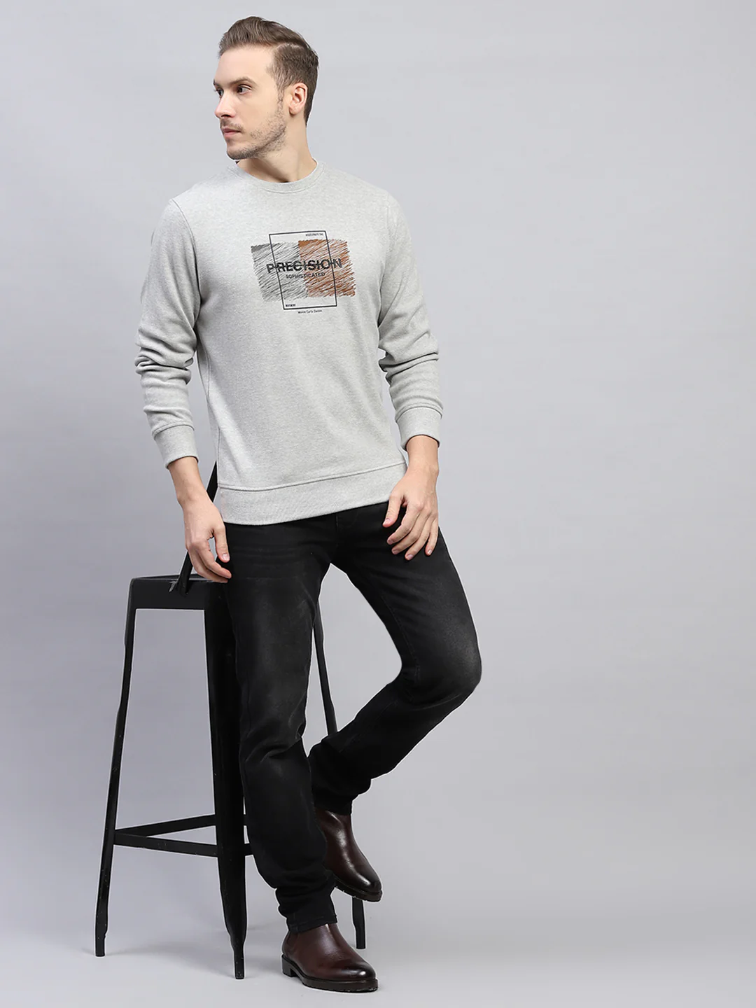 Men Grey Printed Round Neck Full Sleeve Sweatshirt - Image 2