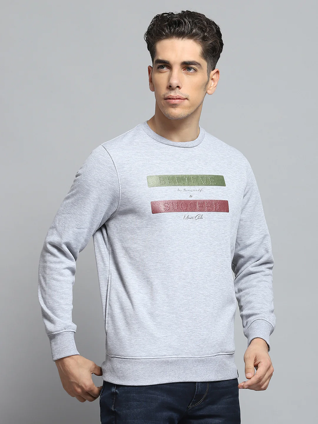 Men Grey Printed Round Neck Full Sleeve Sweatshirt - Image 4