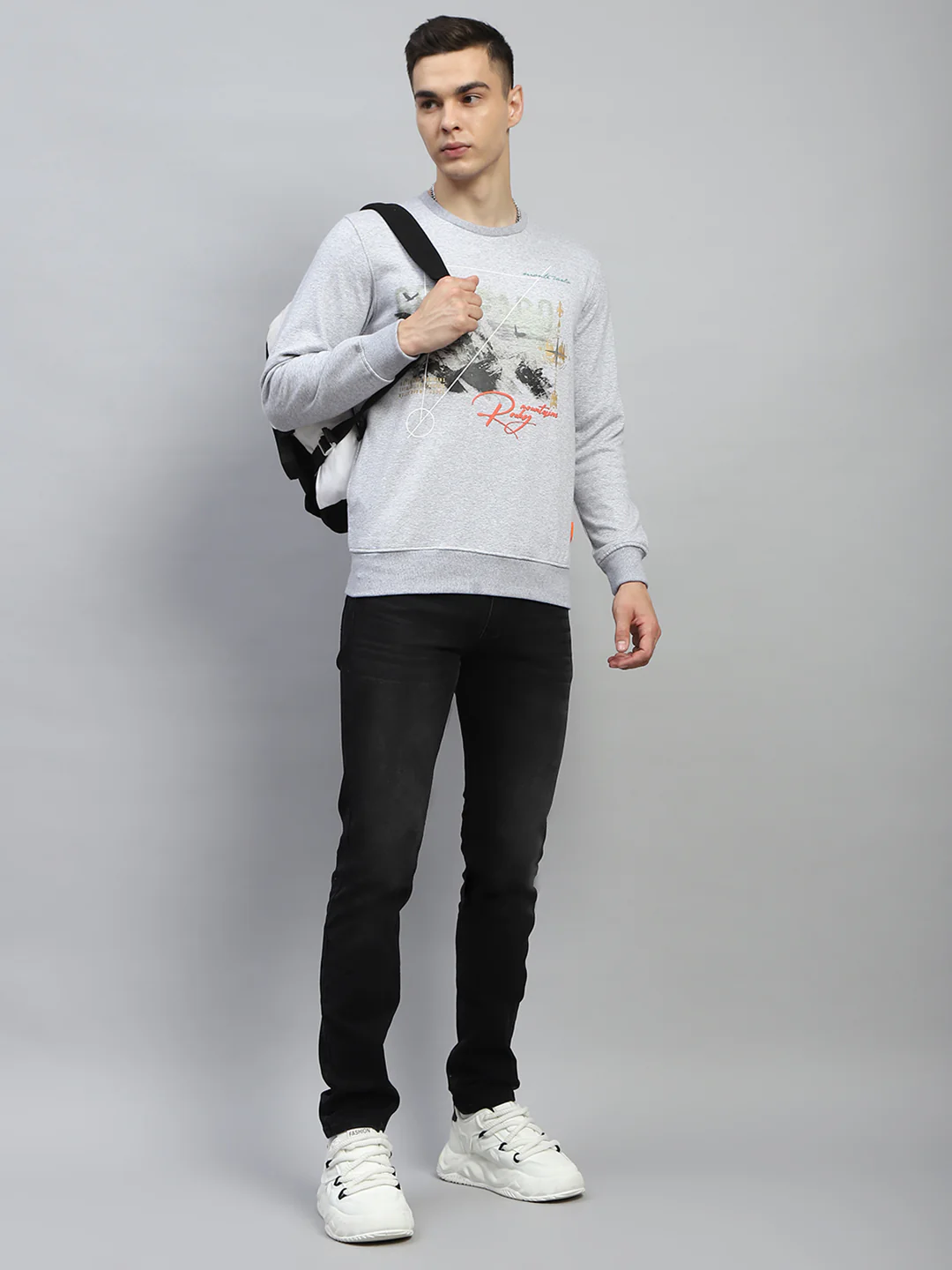 Men Grey Printed Round Neck Full Sleeve Sweatshirt - Image 2