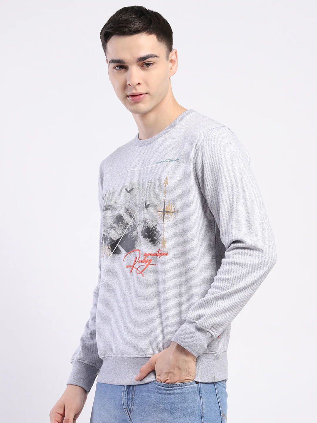 Men Grey Printed Round Neck Full Sleeve Sweatshirt - Image 3