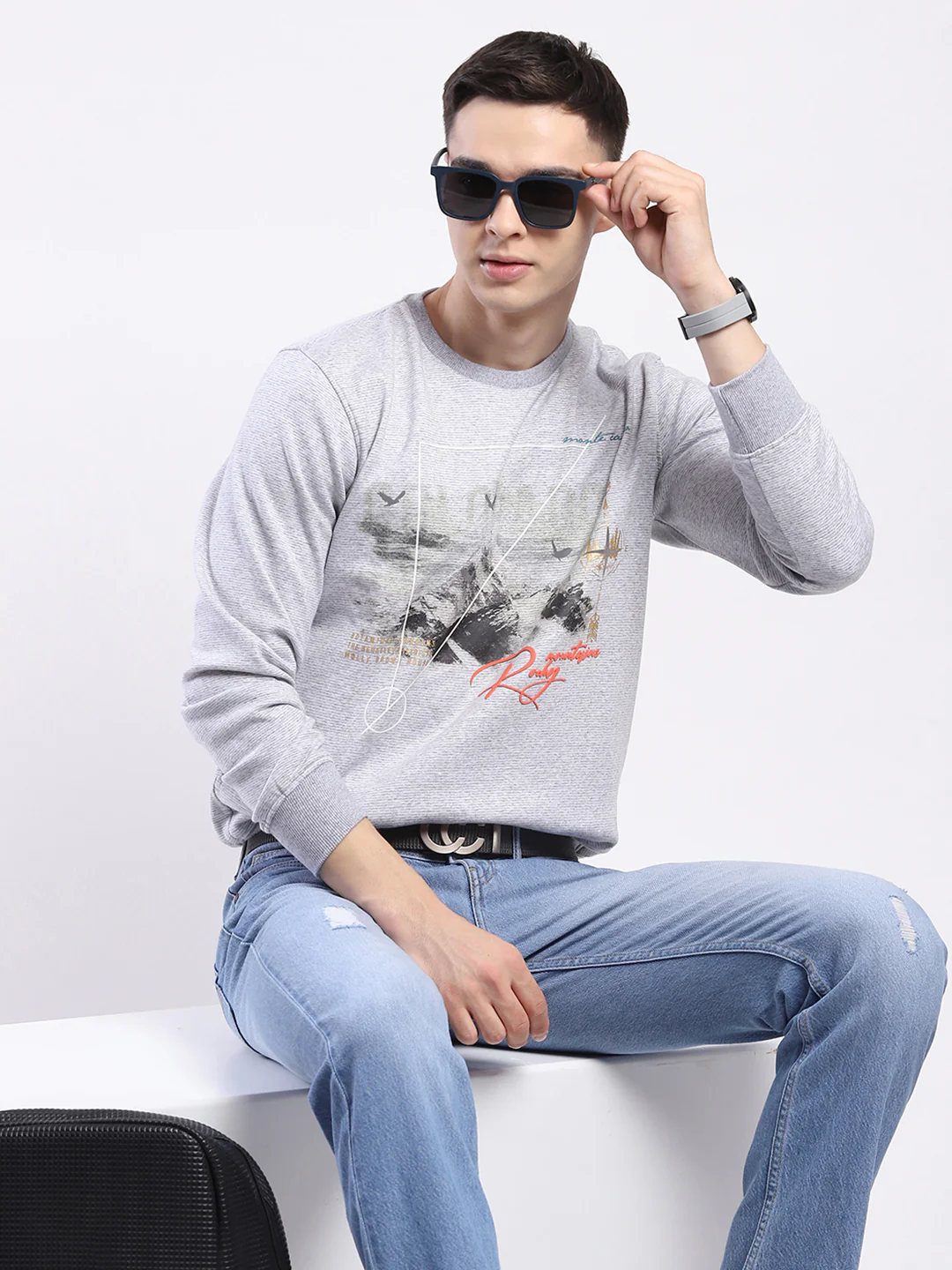 Men Grey Printed Round Neck Full Sleeve Sweatshirt - Image 6