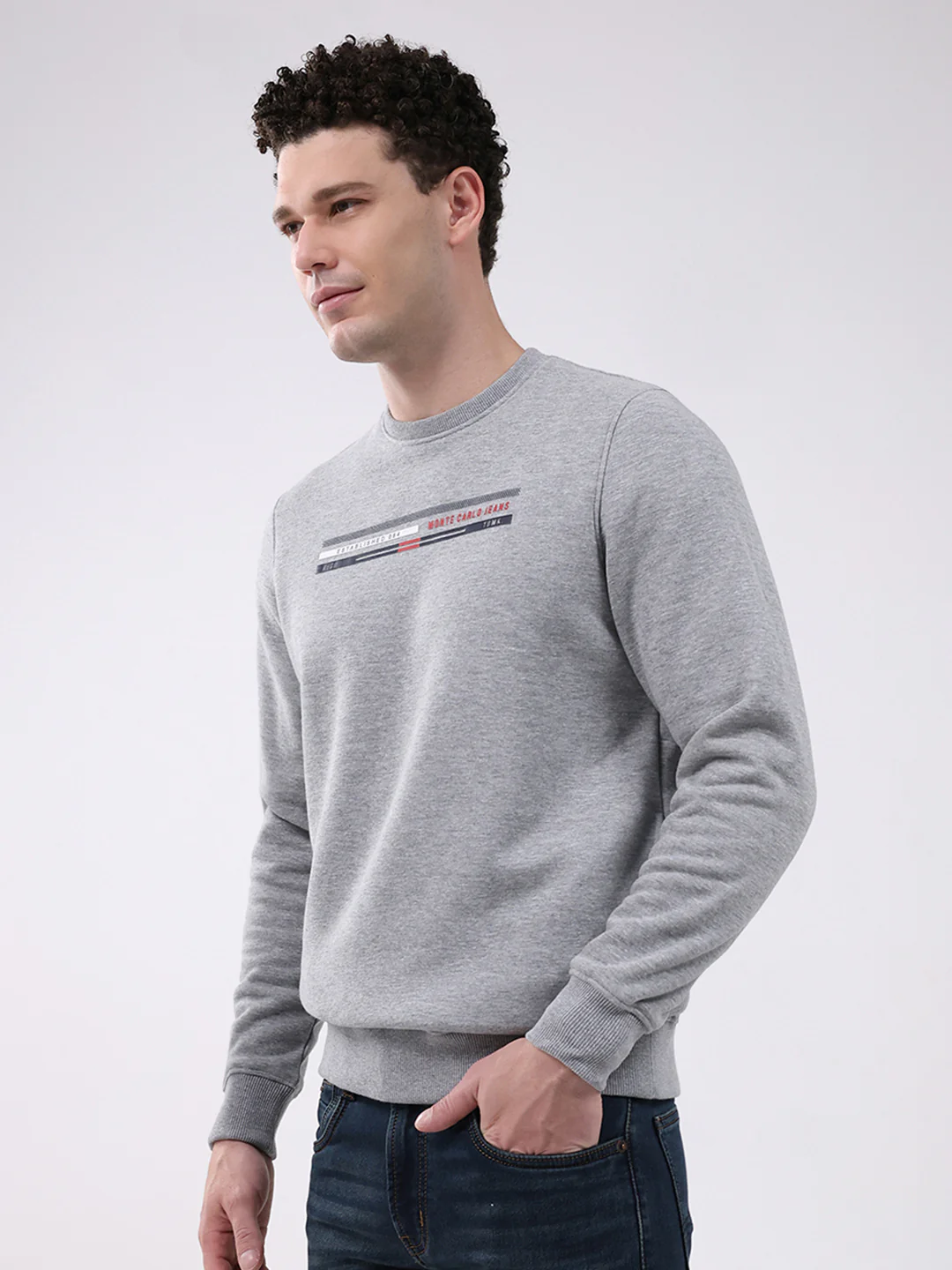 Men Grey Printed Round Neck Full Sleeve Sweatshirt - Image 3