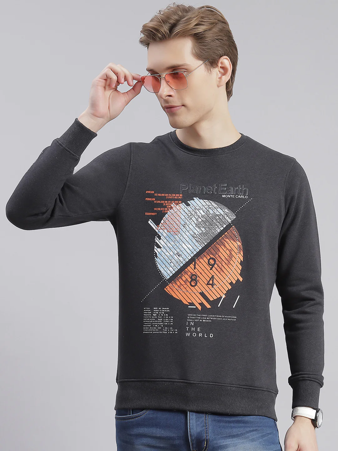 Men Grey Printed Round Neck Full Sleeve Sweatshirts - Image 3