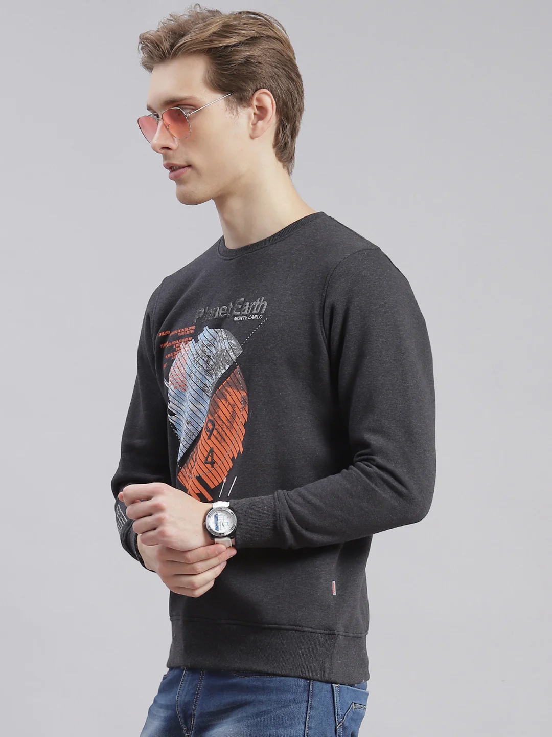 Men Grey Printed Round Neck Full Sleeve Sweatshirts - Image 4