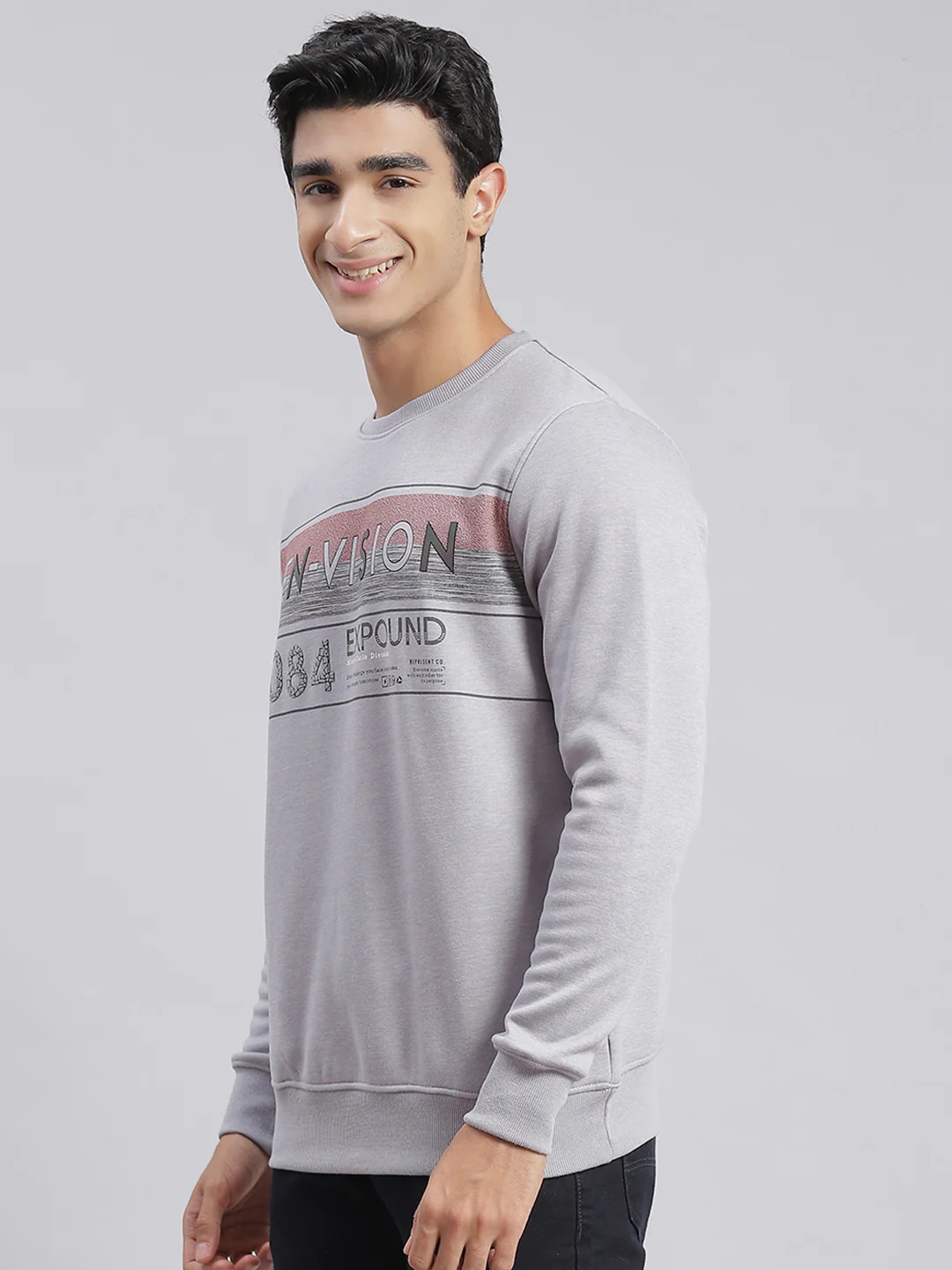 Men Grey Printed Round Neck Full Sleeve Sweatshirts - Image 3