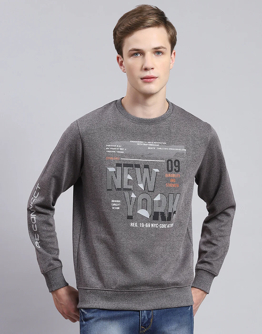 Men Grey Printed Round Neck Full Sleeve T-Shirt - Image 2