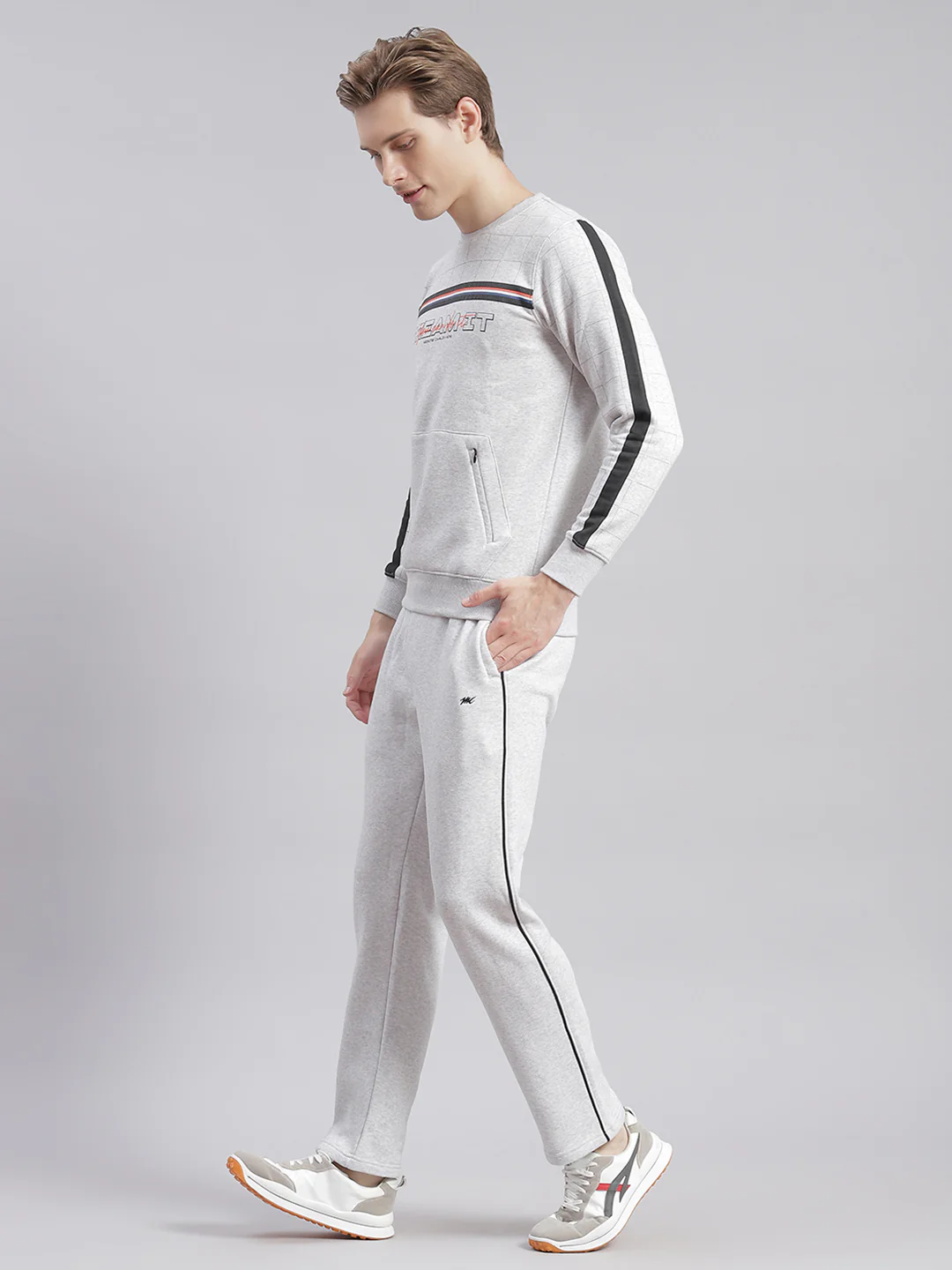 Men Grey Printed Round Neck Full Sleeve Tracksuits - Image 5
