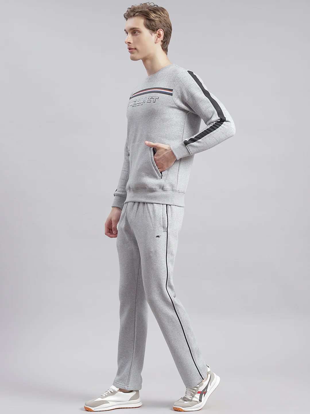 Men Grey Printed Round Neck Full Sleeve Tracksuits - Image 3
