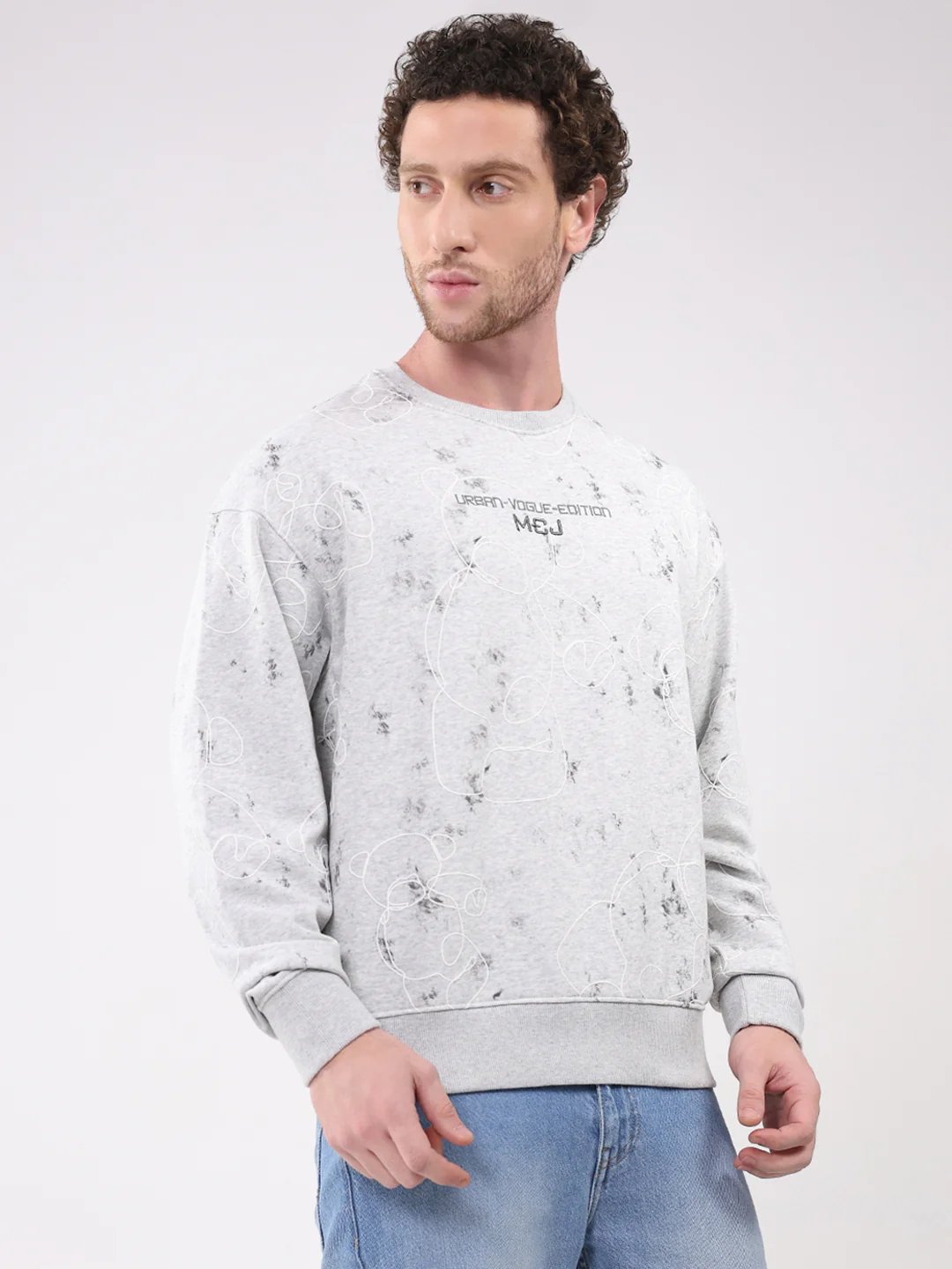 Men Grey Printed Round Neck Full Sleeve Winter T-Shirt - Image 4