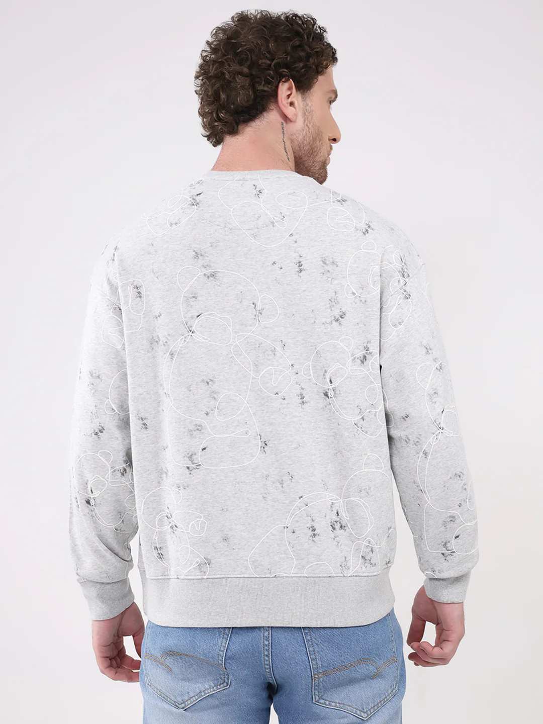 Men Grey Printed Round Neck Full Sleeve Winter T-Shirt - Image 5