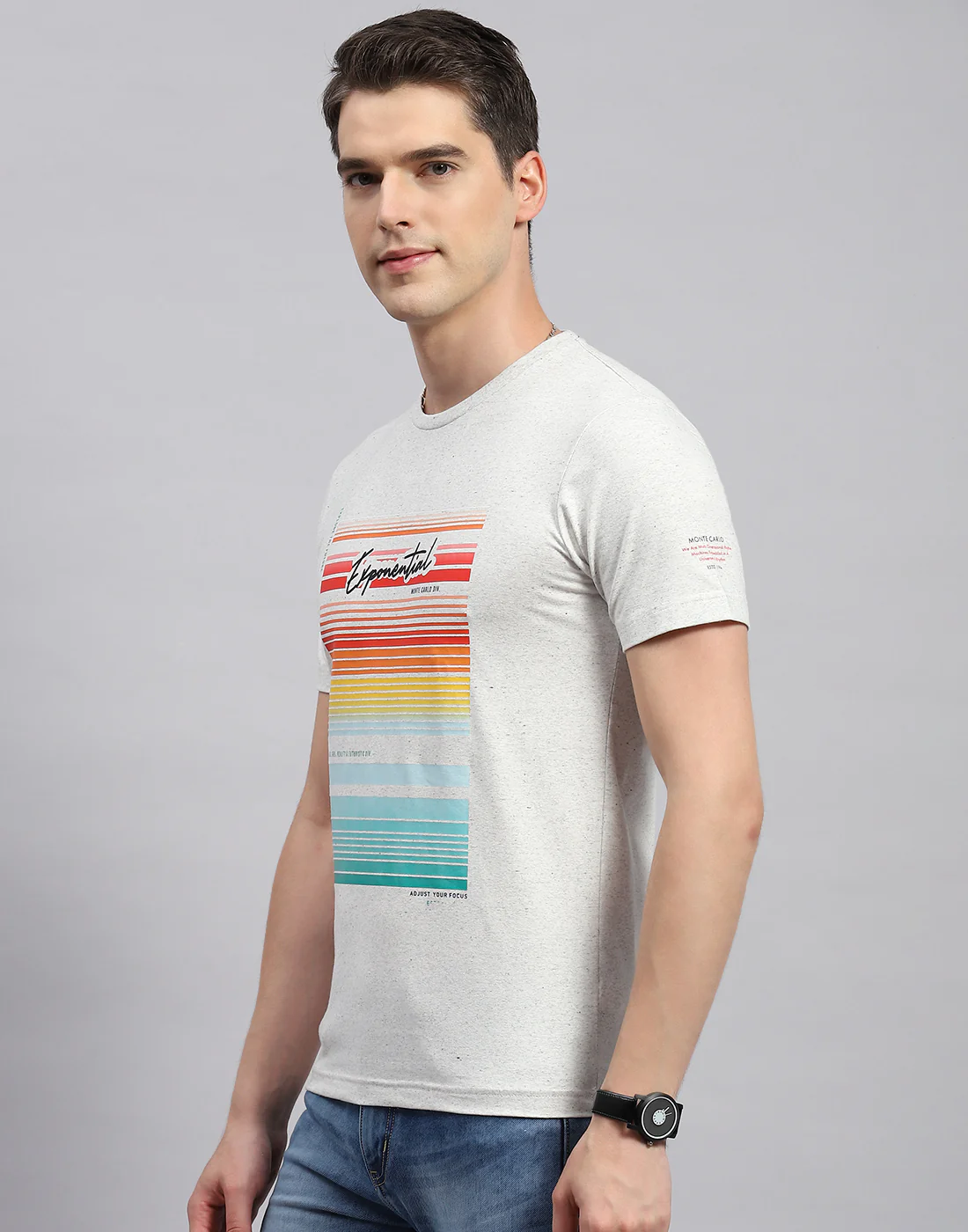 Men Grey Printed Round Neck Half Sleeve T-Shirt - Image 3