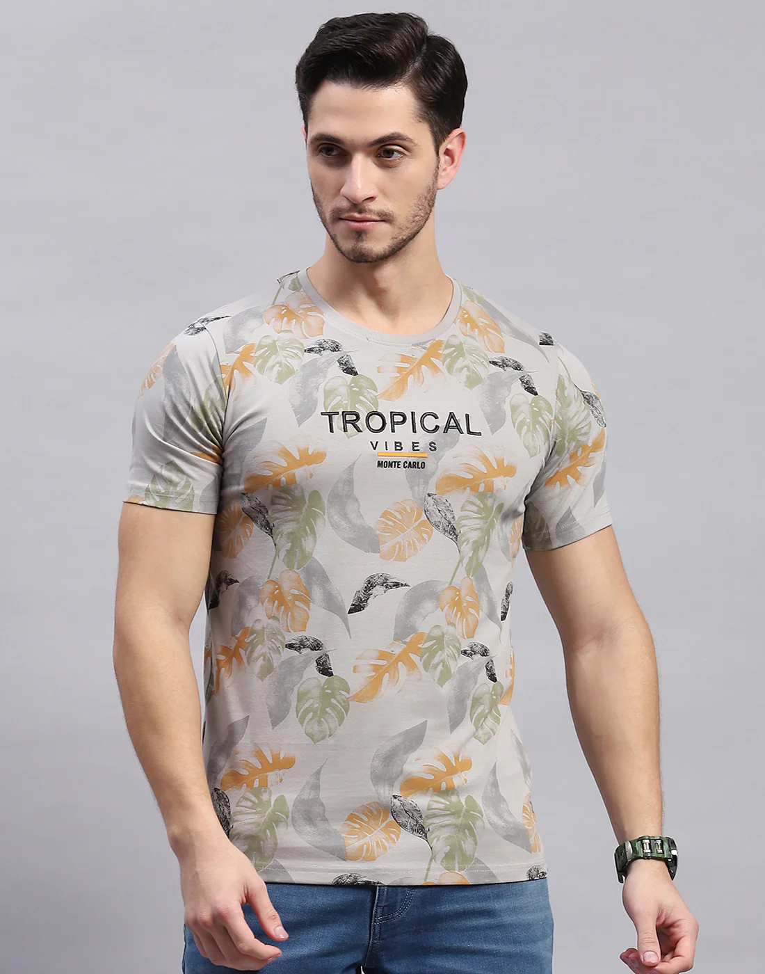 Men Grey Printed Round Neck Half Sleeve T-Shirt - Image 2