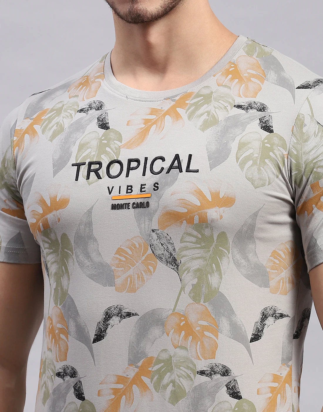 Men Grey Printed Round Neck Half Sleeve T-Shirt - Image 7