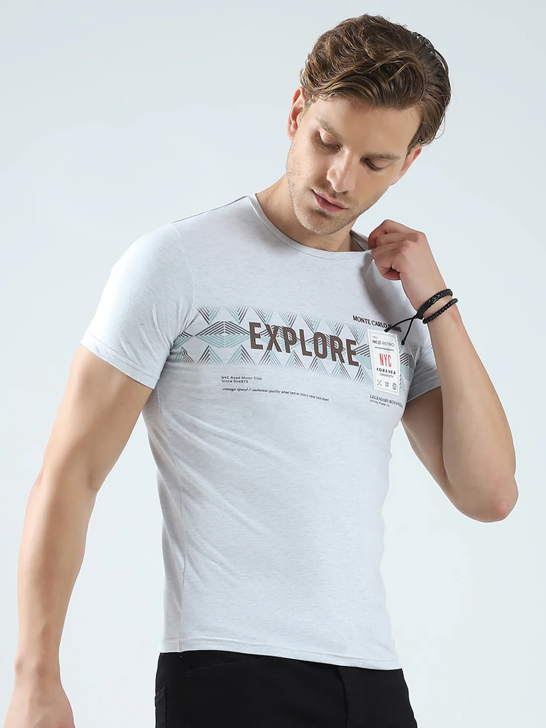 Men Grey Printed Round Neck Half Sleeve T-Shirt - Image 4