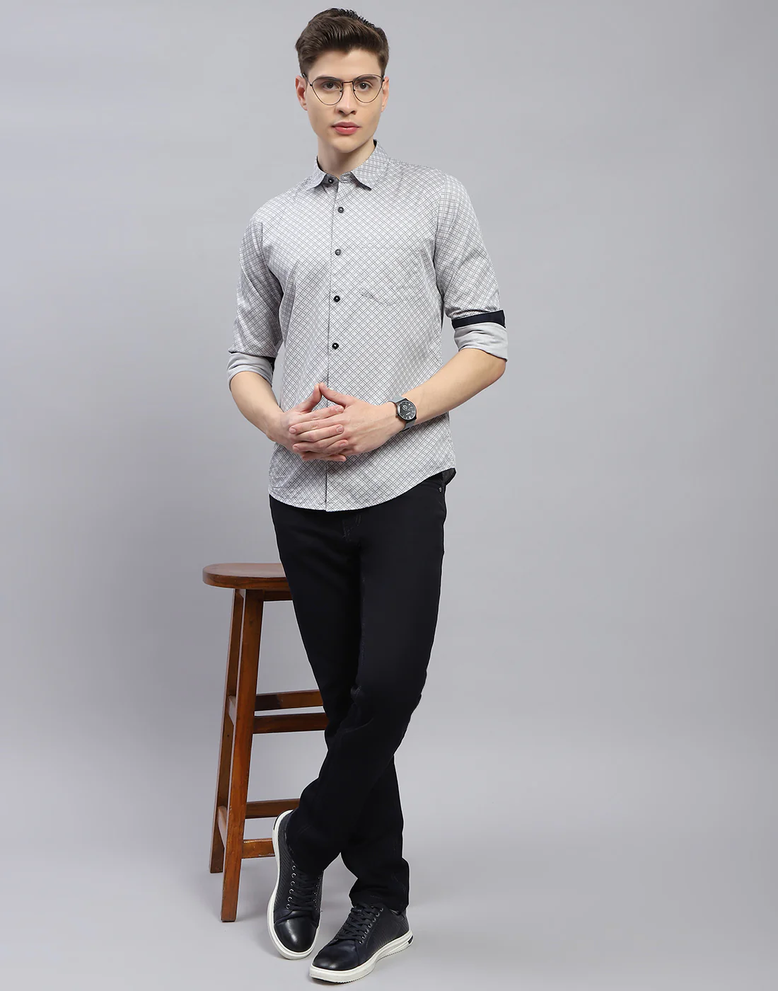 Men Grey Printed Spread Collar Full Sleeve Shirt - Image 2