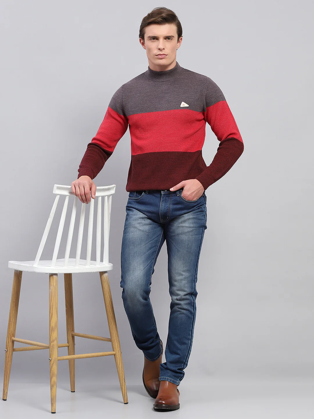 Men Grey & Red Stripe High Neck Full Sleeve Pullover - Image 2