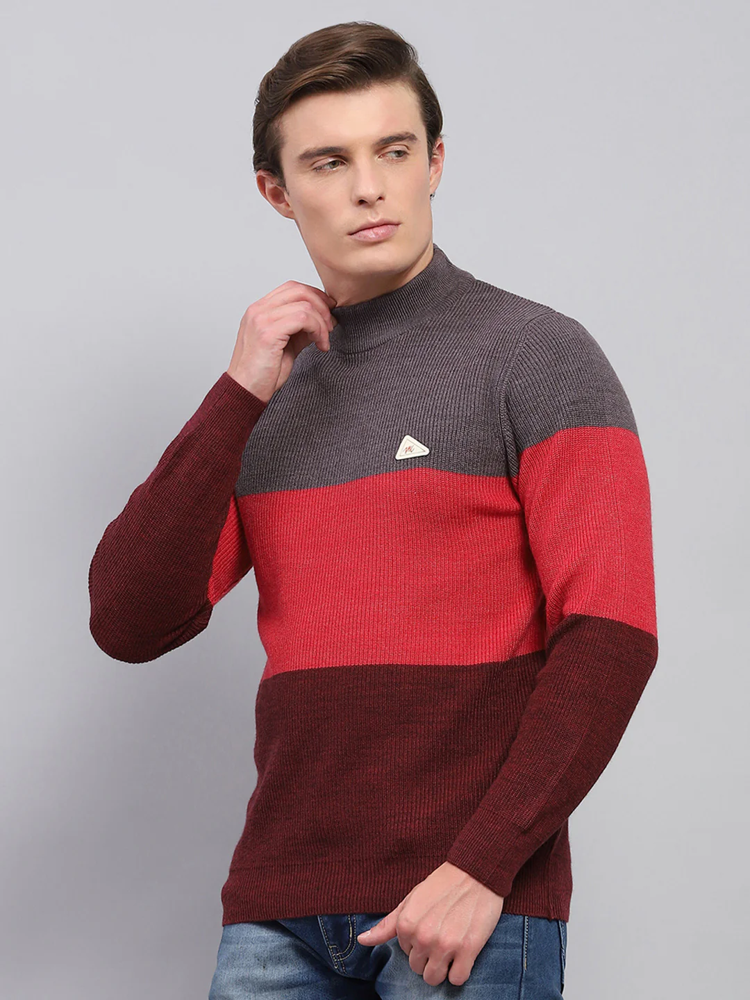 Men Grey & Red Stripe High Neck Full Sleeve Pullover - Image 3