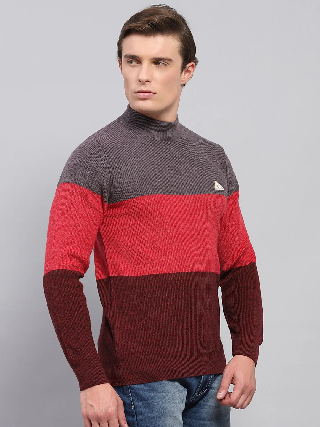 Men Grey & Red Stripe High Neck Full Sleeve Pullover - Image 4