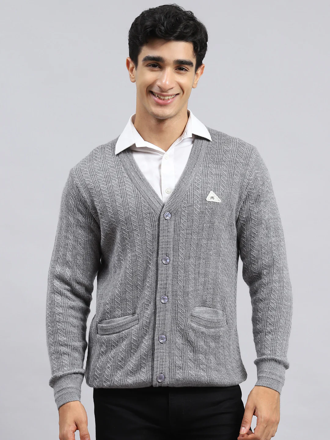Men Grey Self Cardigan - Image 2