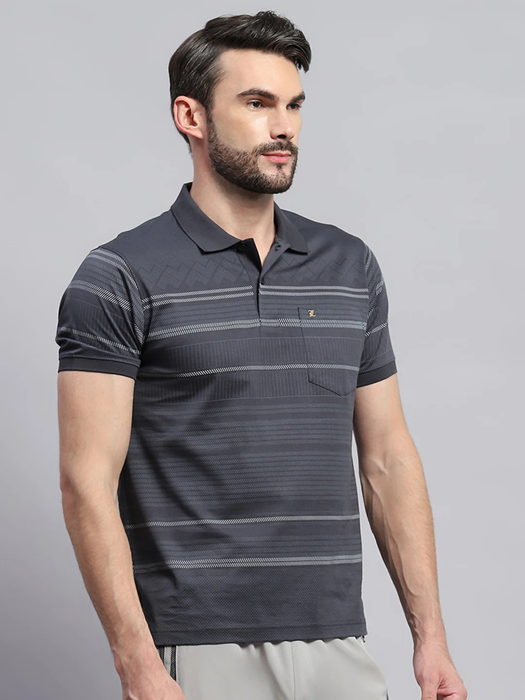 Men Grey Self Design Collar Half Sleeve T-Shirt - Image 4