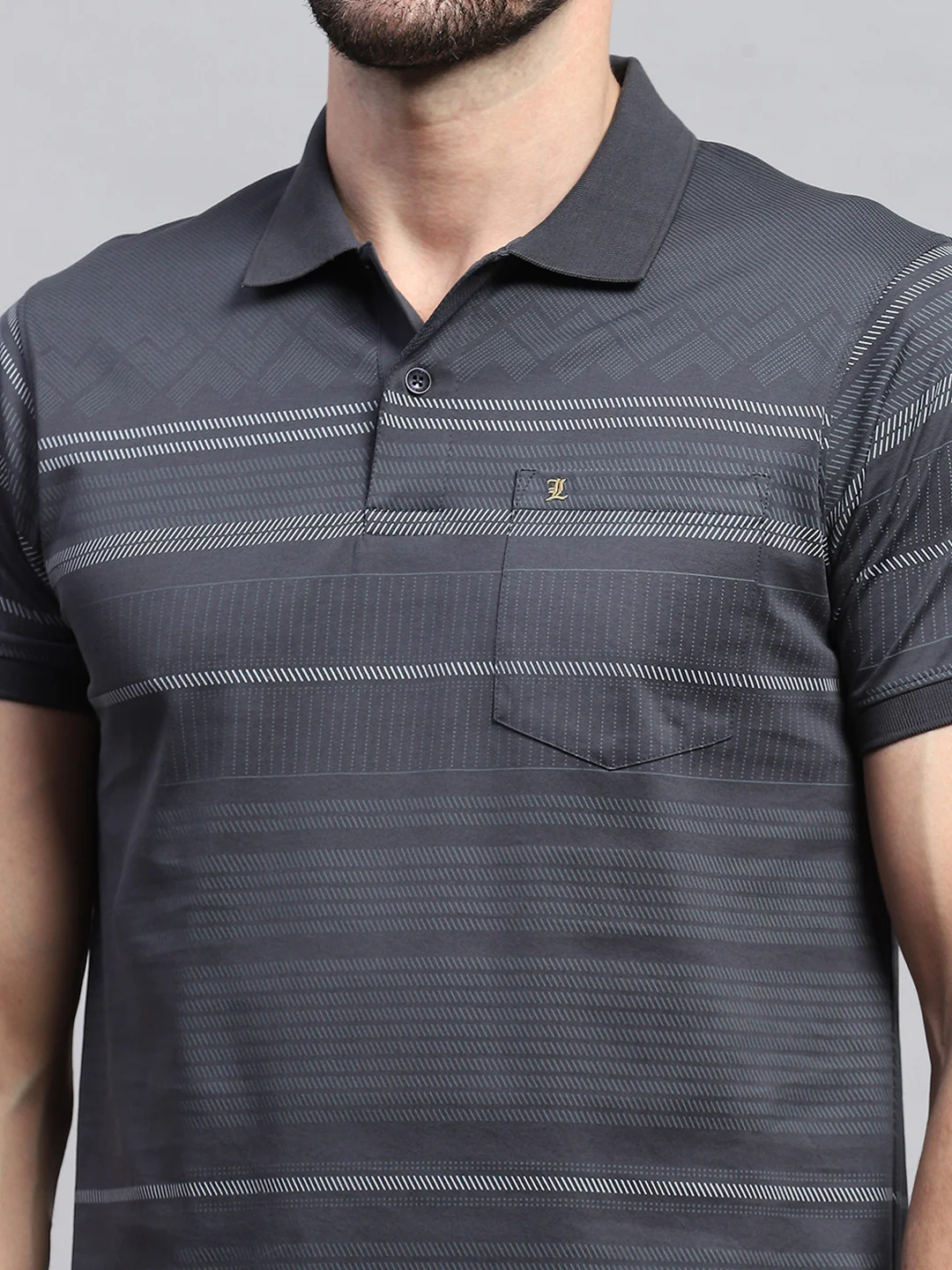 Men Grey Self Design Collar Half Sleeve T-Shirt - Image 6