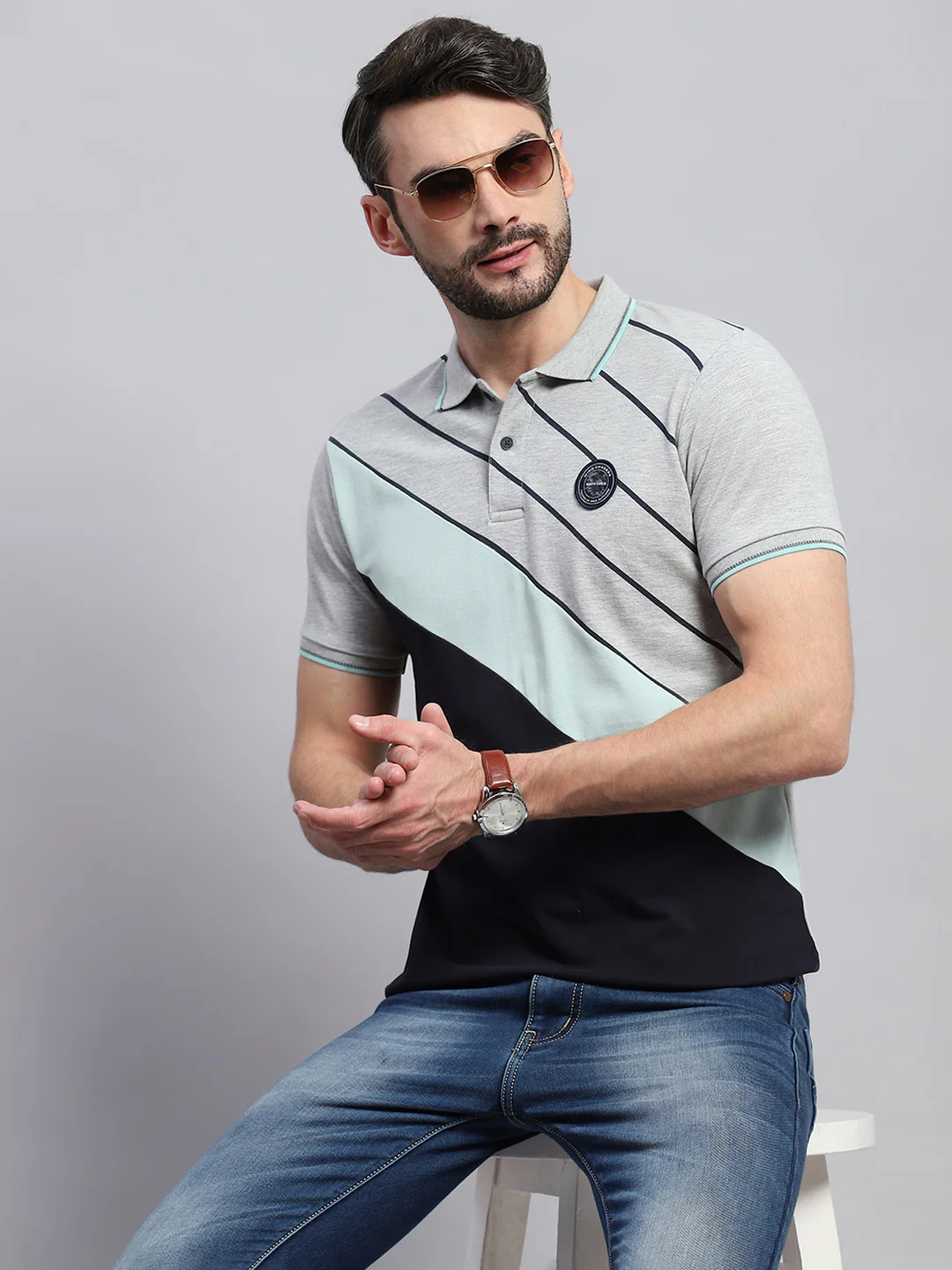 Men Grey Self Design Collar Half Sleeve T-Shirt - Image 6