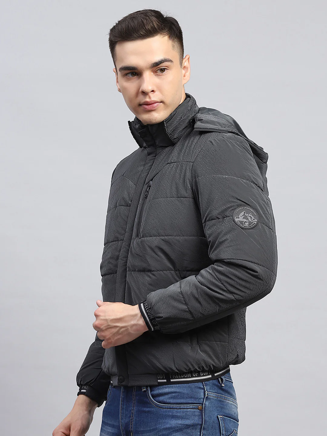 Men Grey Self Design Detachable Hood Full Sleeve Jacket - Image 3