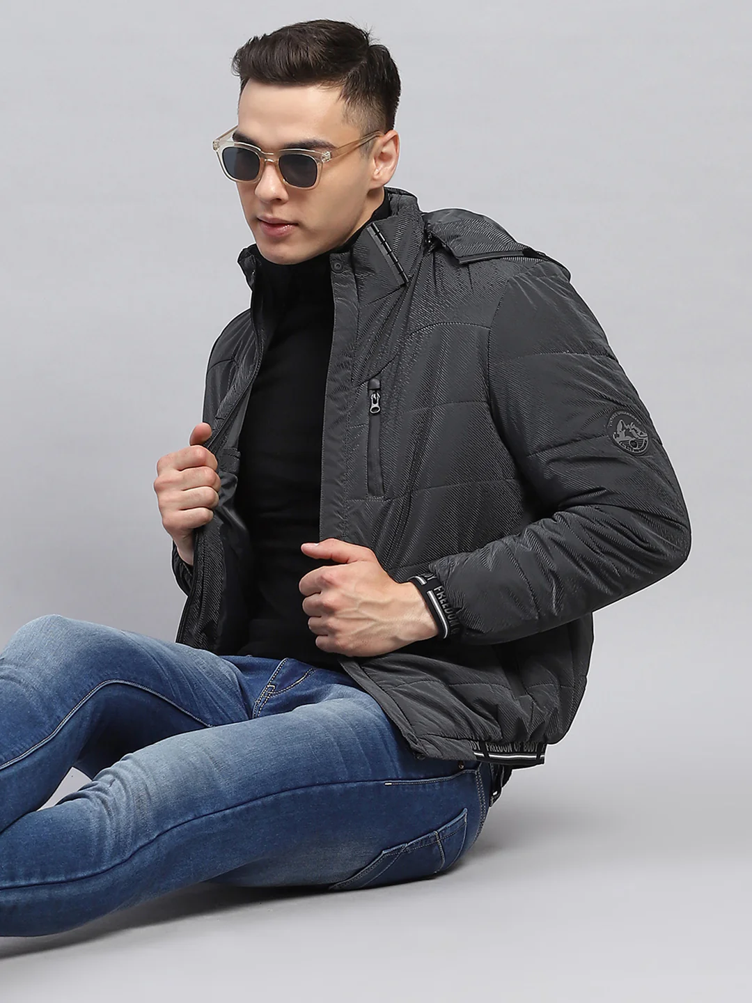 Men Grey Self Design Detachable Hood Full Sleeve Jacket - Image 6