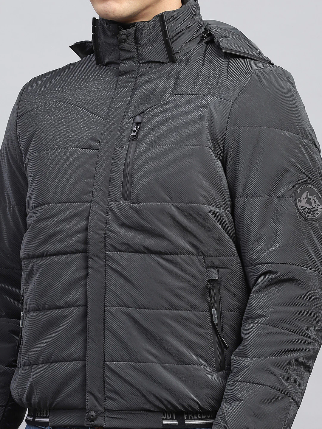 Men Grey Self Design Detachable Hood Full Sleeve Jacket - Image 8