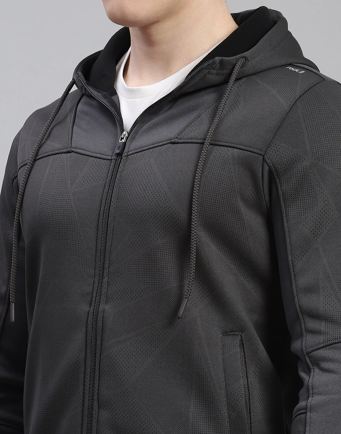 Rock.it Men Grey Self Design Hooded Full Sleeve Sweatshirt - Image 6