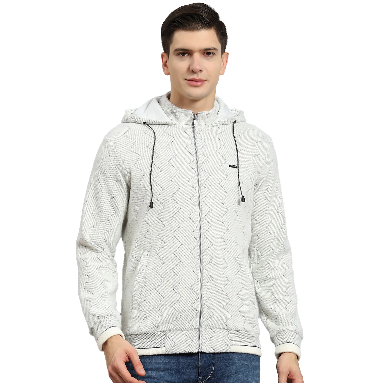 Men Grey Self Design Hooded Full Sleeve Sweatshirt - Image 5