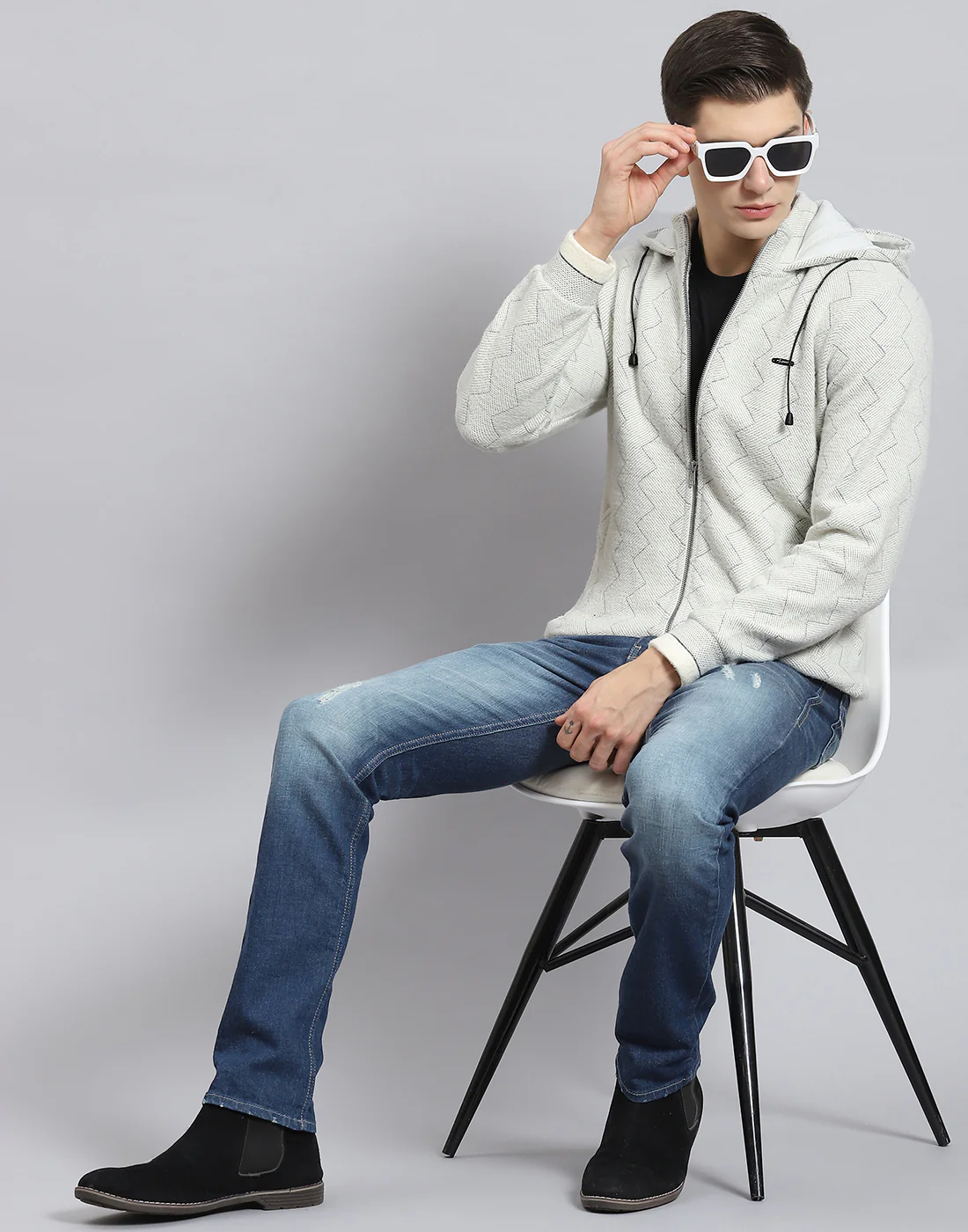 Men Grey Self Design Hooded Full Sleeve Sweatshirt - Image 7
