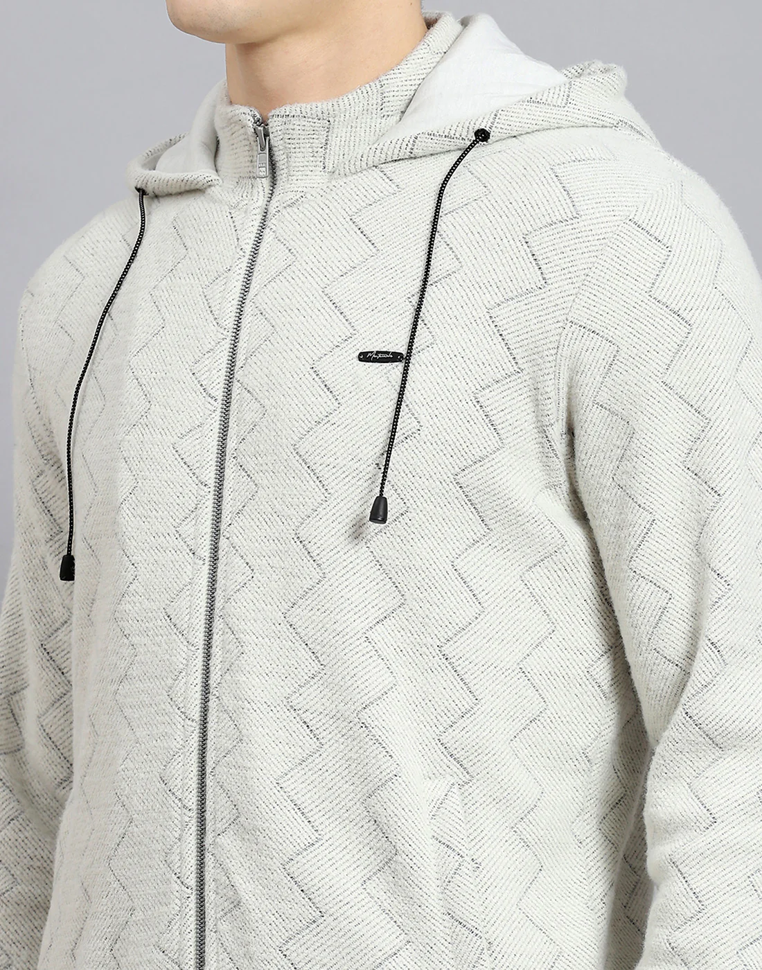 Men Grey Self Design Hooded Full Sleeve Sweatshirt - Image 8