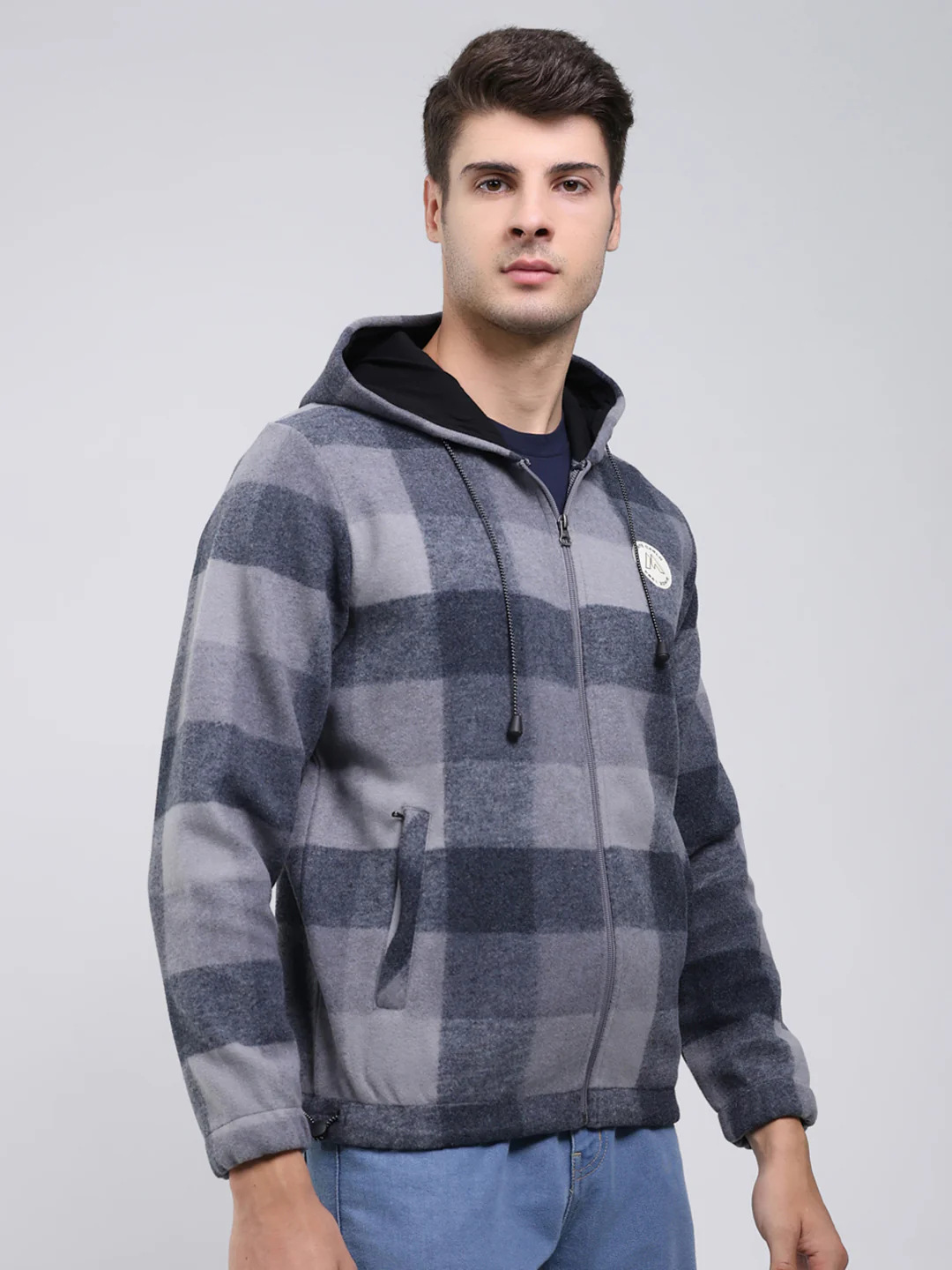 Men Grey Self Design Hooded Full Sleeve Sweatshirt - Image 4