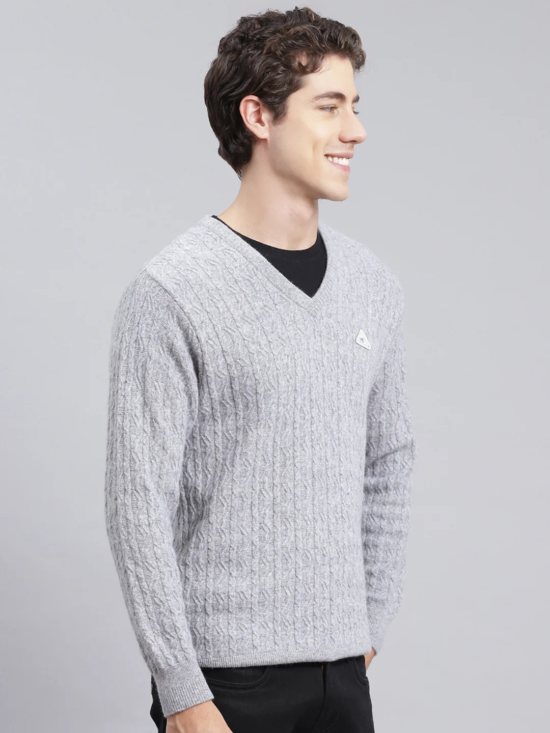 Men Grey Self Design Lamb wool Pullover - Image 3