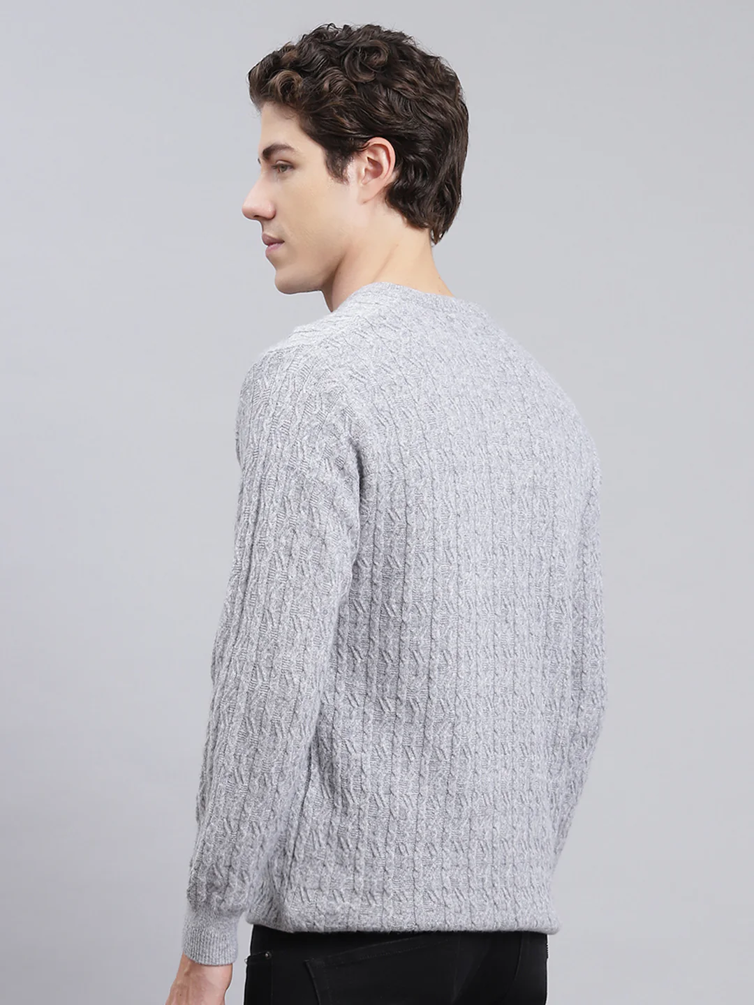 Men Grey Self Design Lamb wool Pullover - Image 5