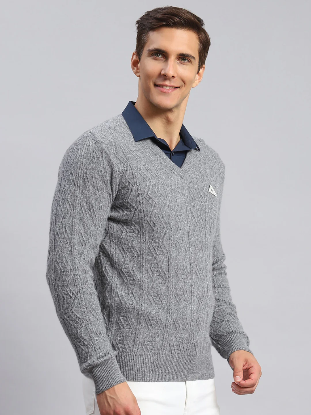 Men Grey Self Design Lamb wool Pullover - Image 3