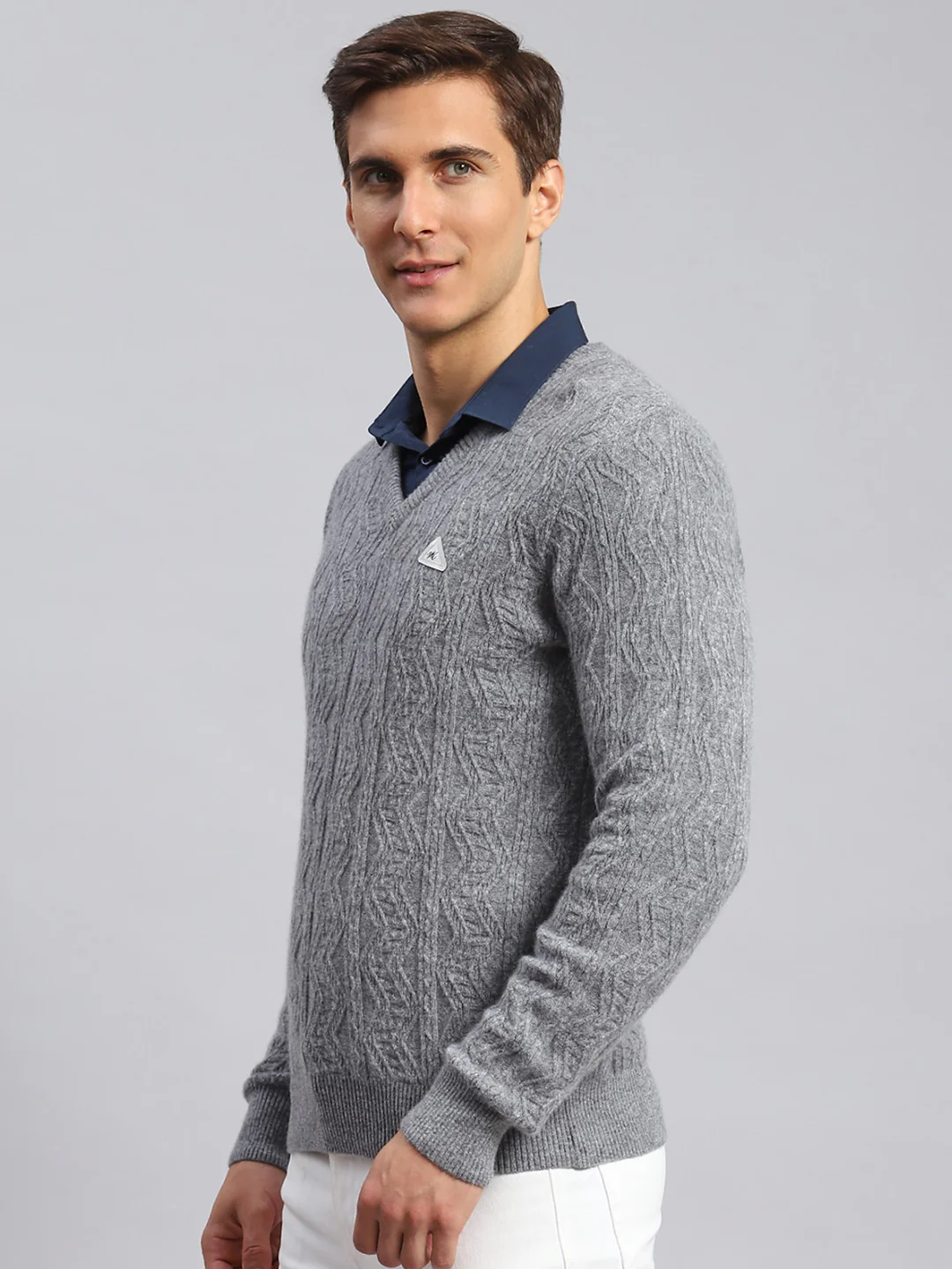 Men Grey Self Design Lamb wool Pullover - Image 4