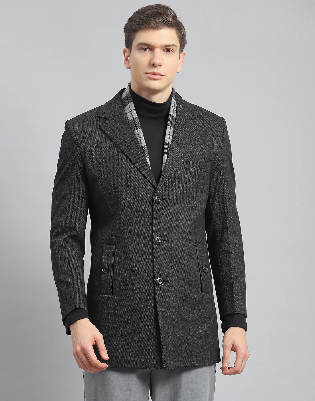 Men Grey Self Design Lapel Collar Full Sleeve Coat - Image 2