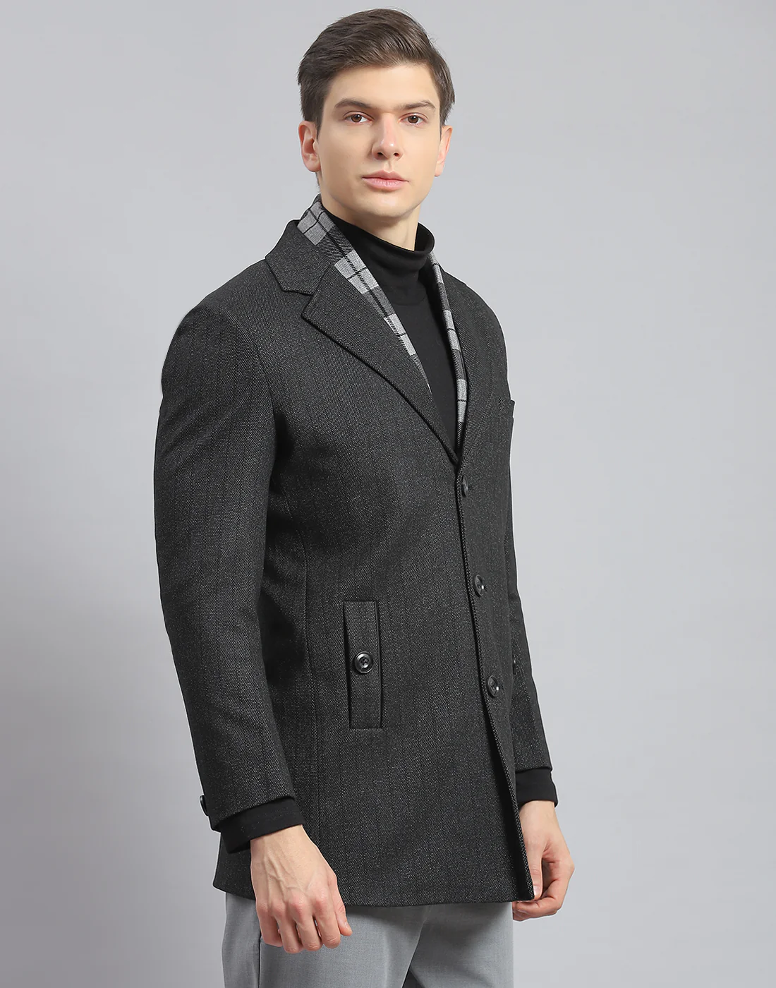 Men Grey Self Design Lapel Collar Full Sleeve Coat - Image 4