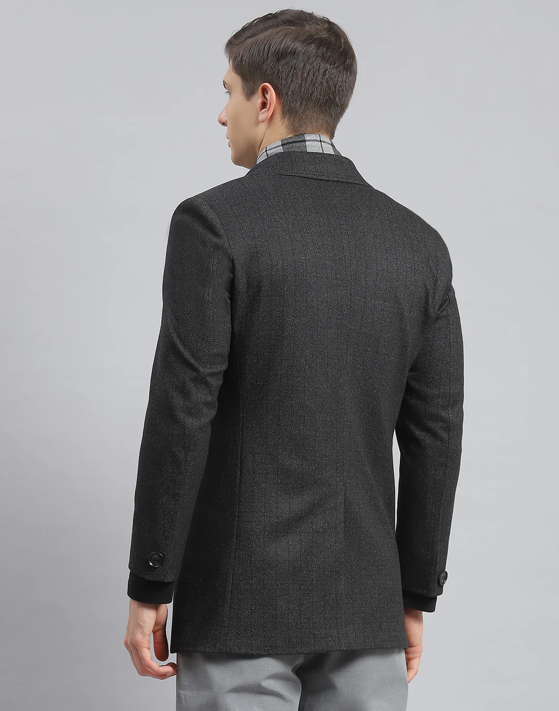 Men Grey Self Design Lapel Collar Full Sleeve Coat - Image 5