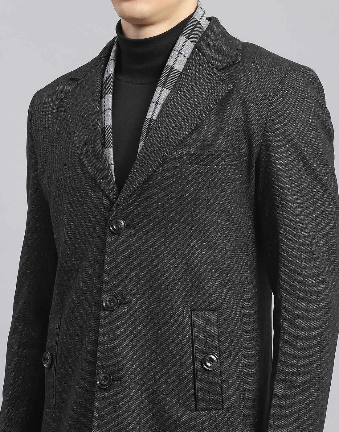 Men Grey Self Design Lapel Collar Full Sleeve Coat - Image 6