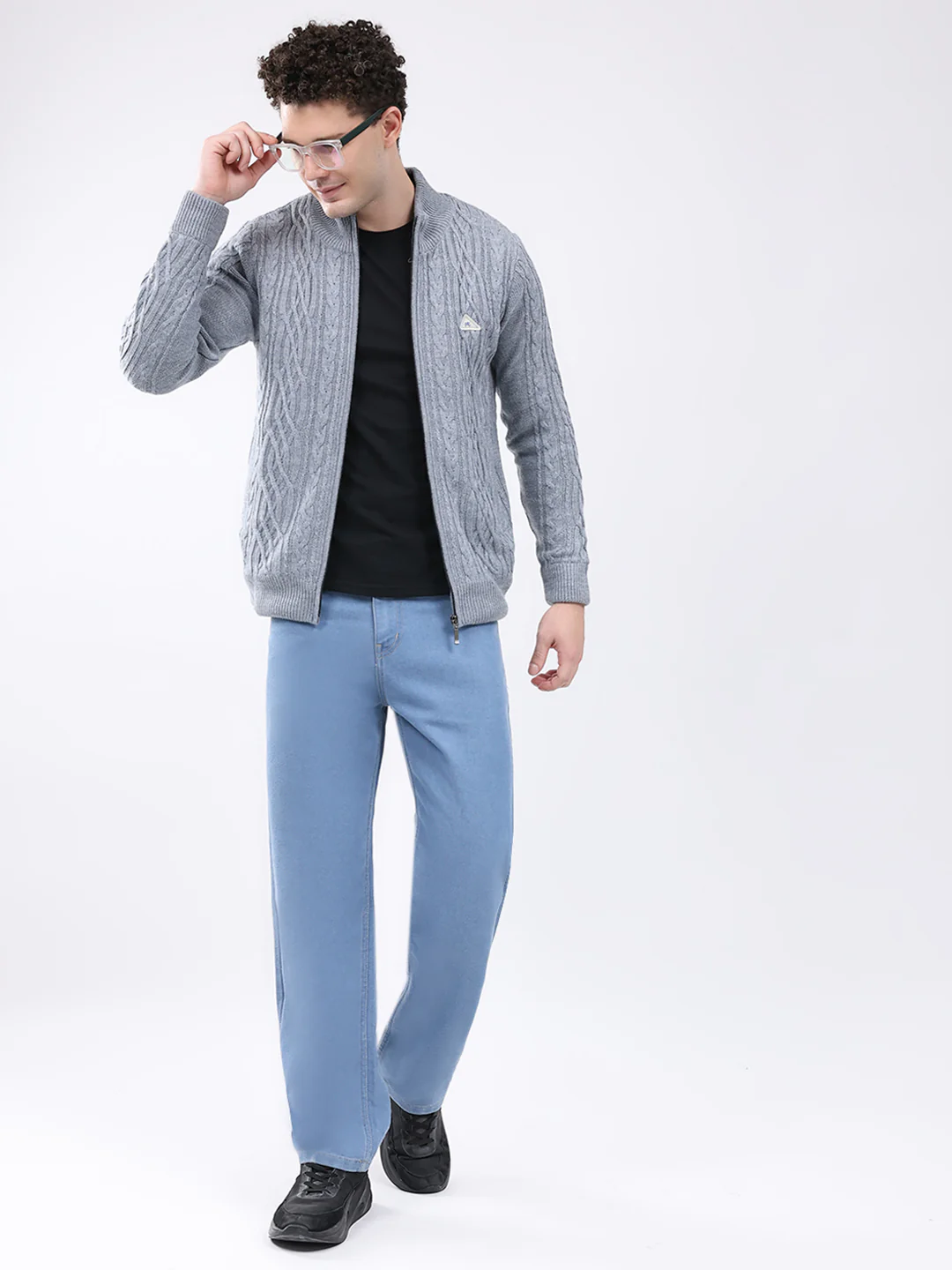 Men Grey Self Design Mock Neck Full Sleeve Jacket - Image 2