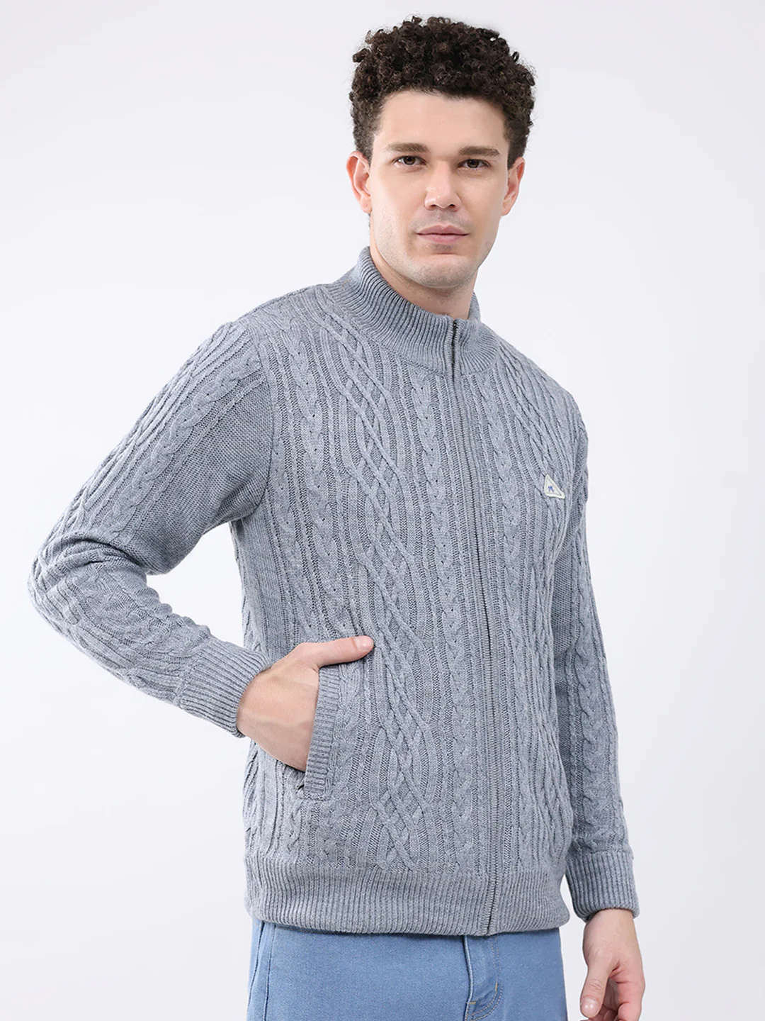Men Grey Self Design Mock Neck Full Sleeve Jacket - Image 4