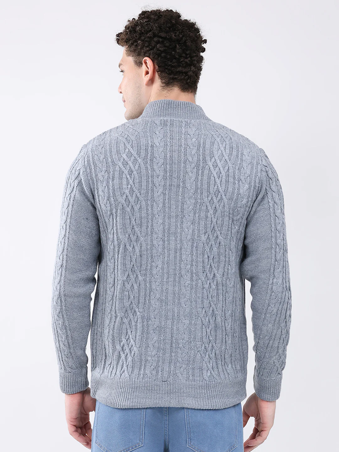 Men Grey Self Design Mock Neck Full Sleeve Jacket - Image 5